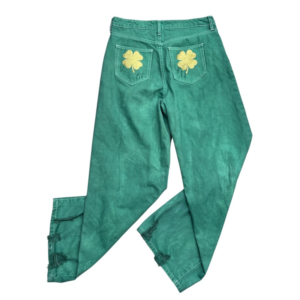 Upcycled Juniors 9 Faded Green Wide Leg Distressed  St Patrick’s Day Irish Jeans